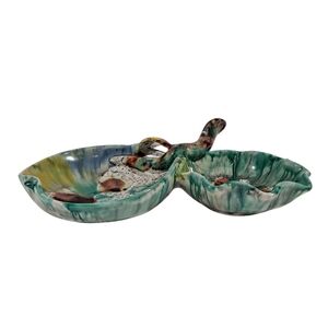 Vintage Hand Painted Divided Dish Leaf Stem Handle MCM Made In Italy